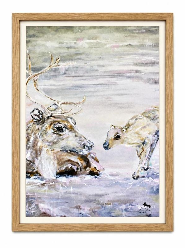 Poster Liggande vaja med kalv på vårfjäll, pastell 21x30 cm